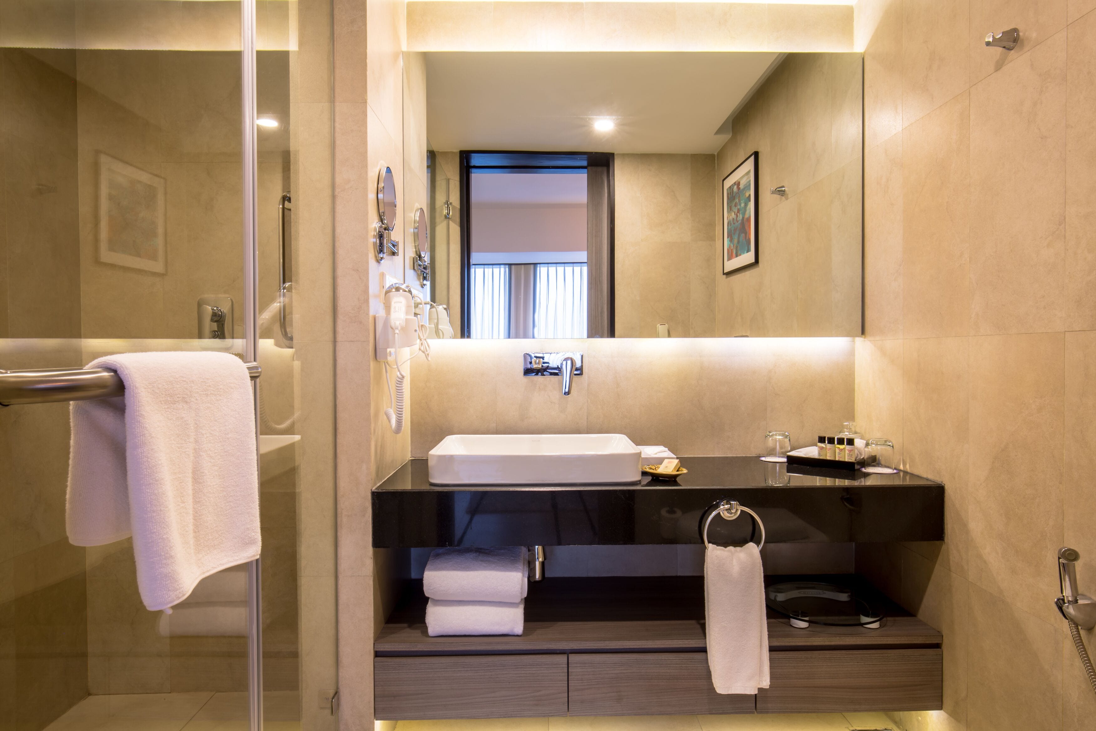 shower, free toiletries, hair dryer, bathrobes