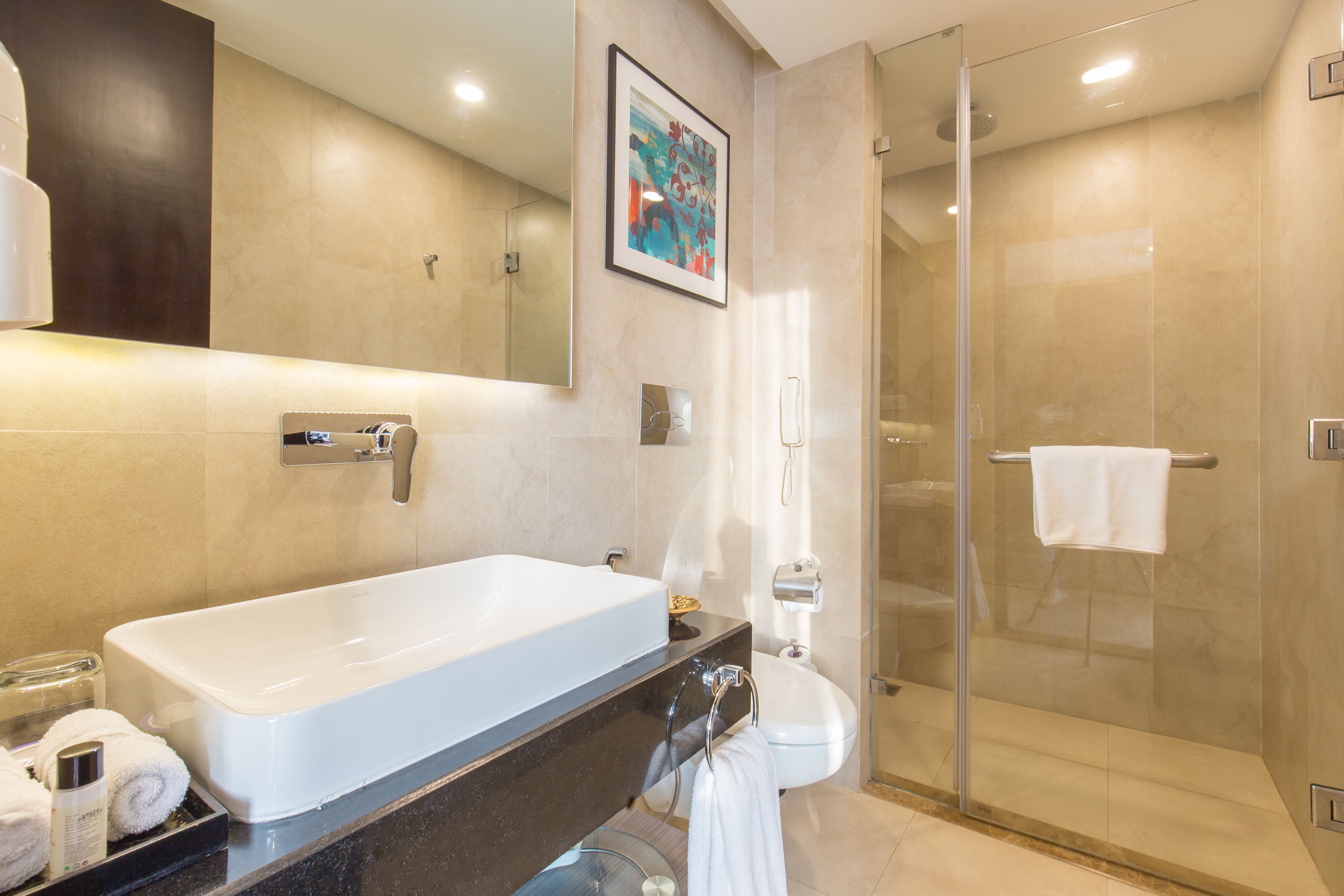 shower, free toiletries, hair dryer, bathrobes