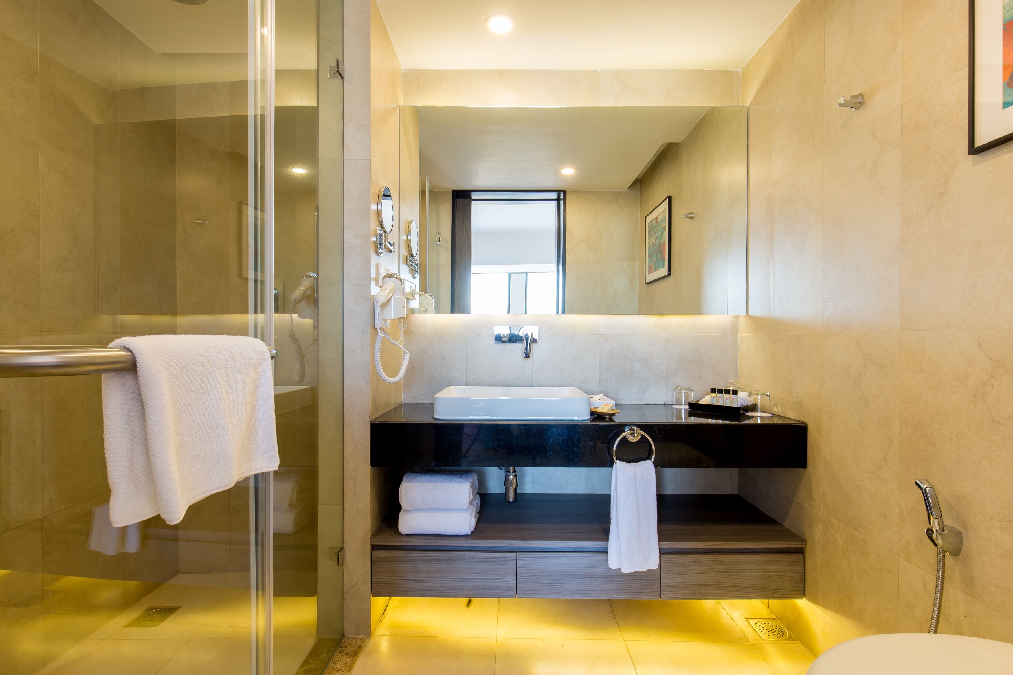 shower, free toiletries, hair dryer, bathrobes