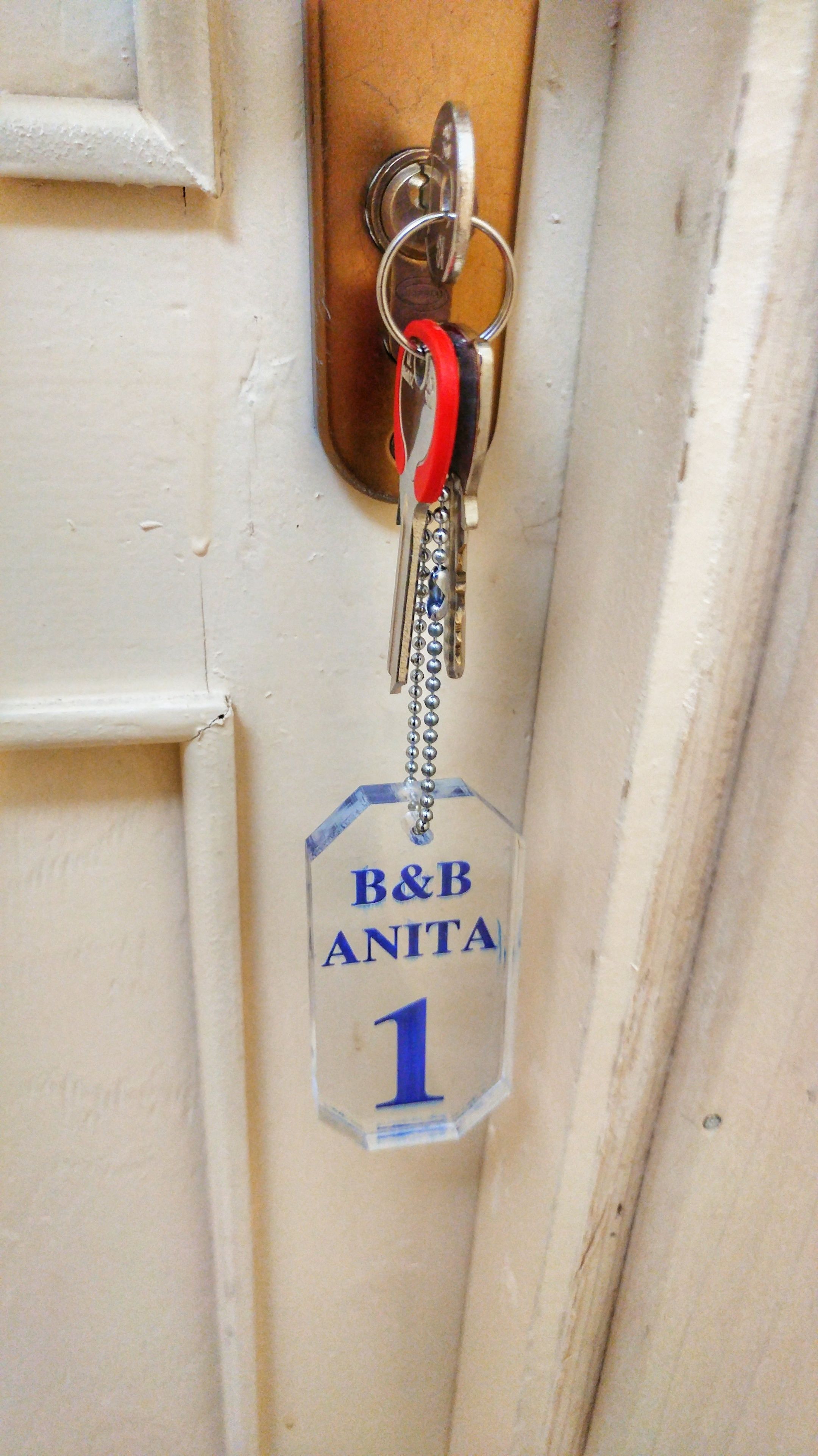Nøglering med en klar anlægningsskilt med teksten "B&B ANITA 1" hængende på en dør.