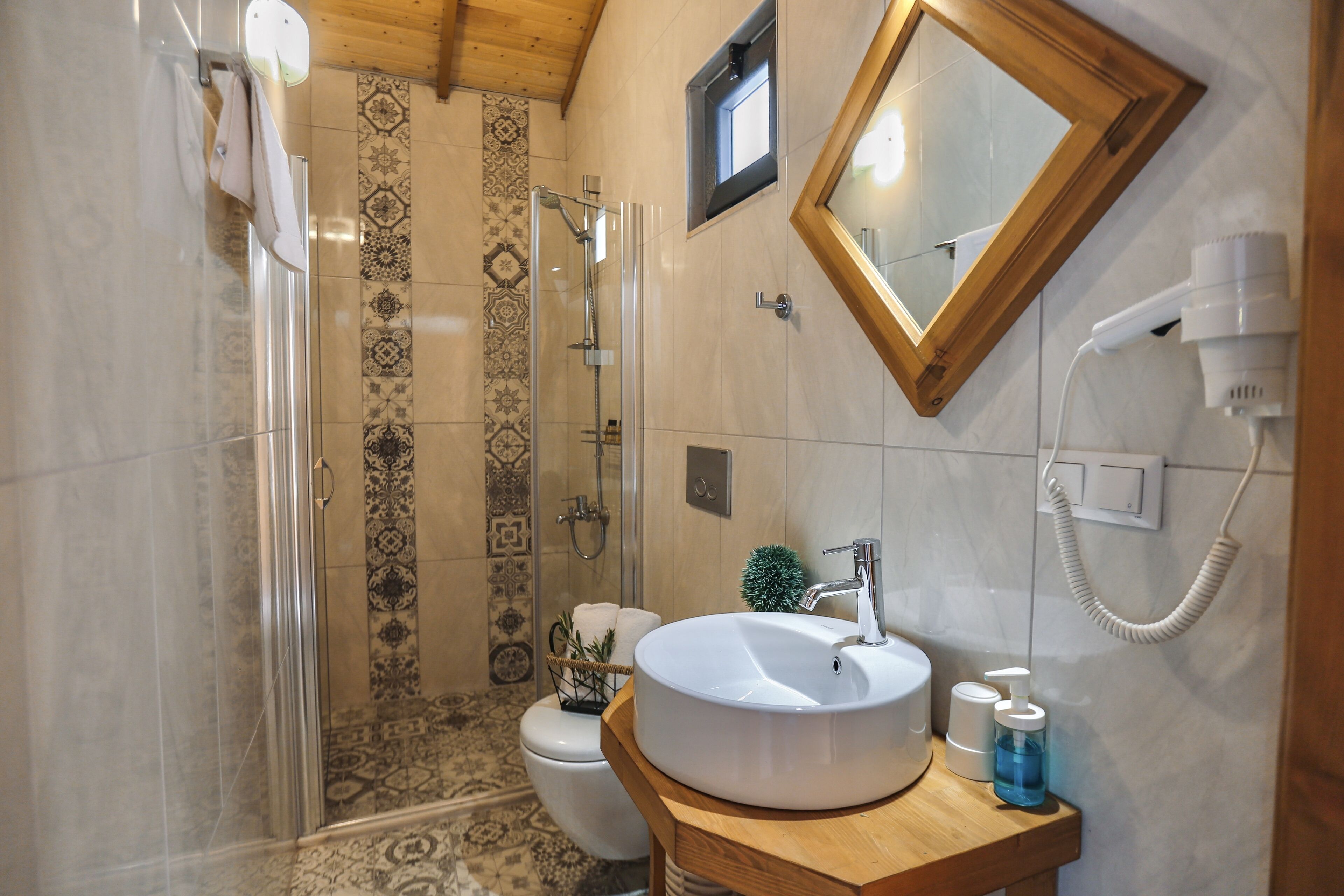 shower, eco-friendly toiletries, hair dryer, slippers