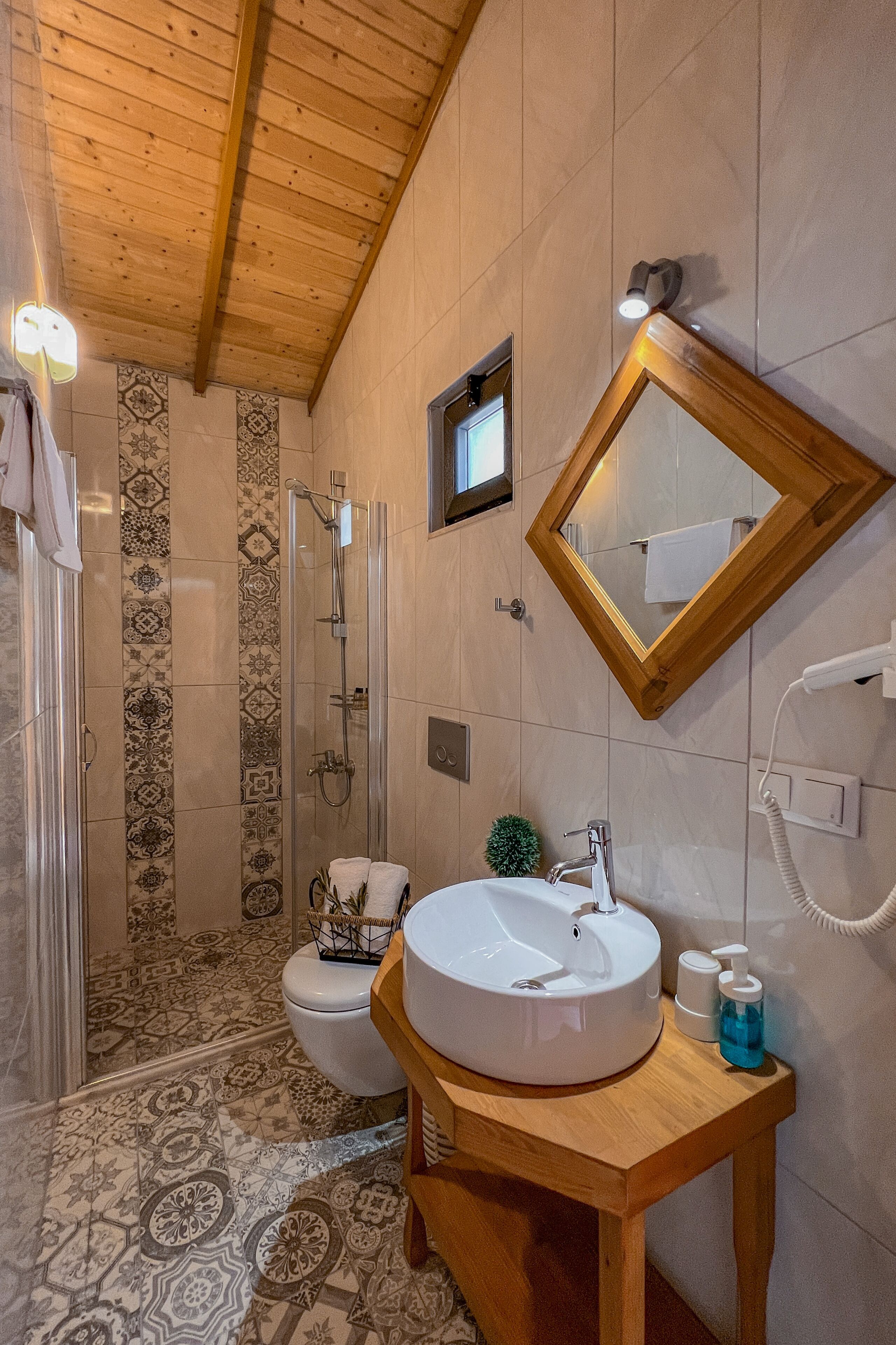 shower, eco-friendly toiletries, hair dryer, slippers