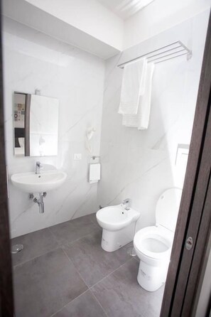 Dusch, gratis toalettartiklar, hårtork och bidé