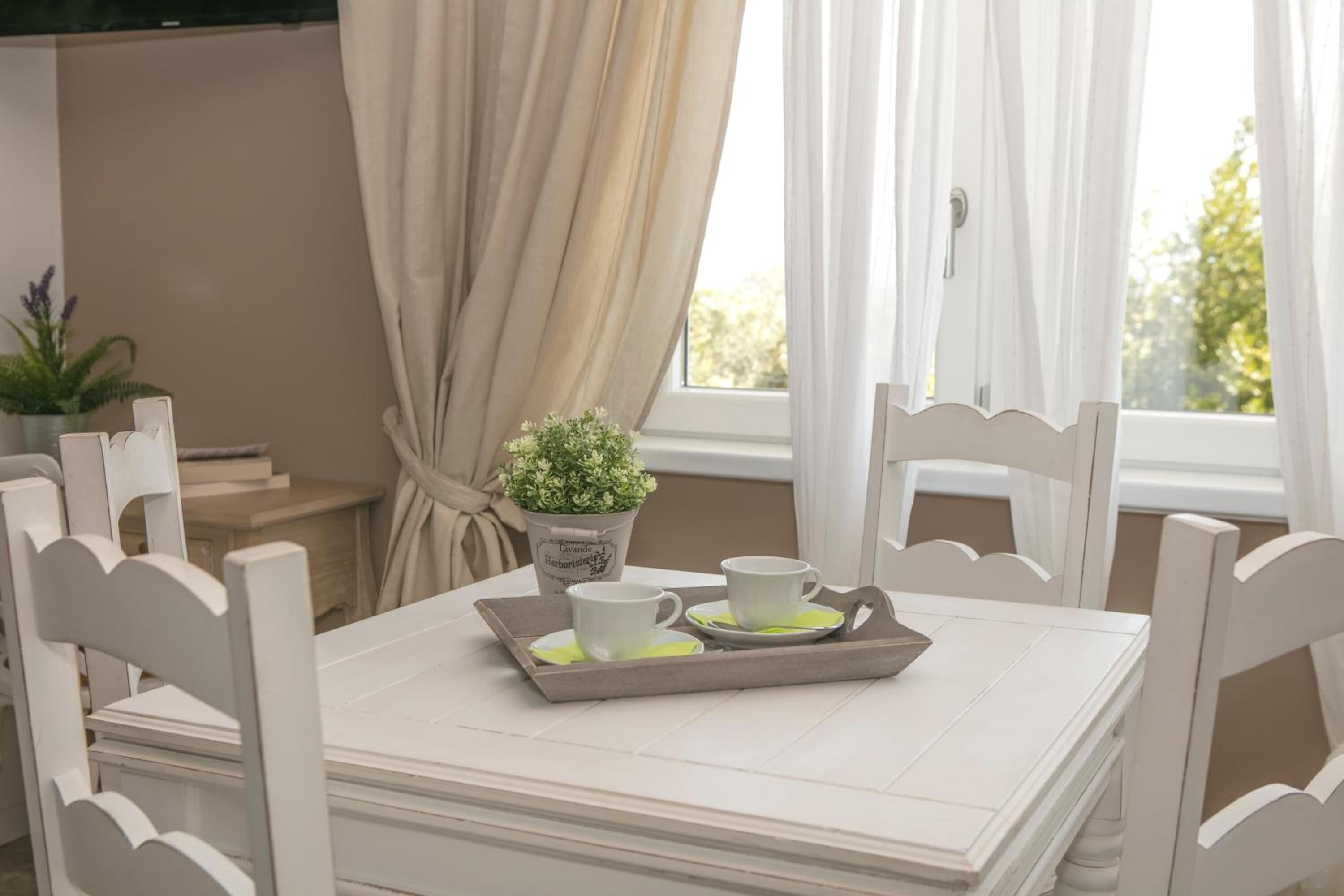 Une table à manger avec deux chaises blanches, un plateau avec deux tasses et soucoupes blanches, une plante en pot et une fenêtre avec des rideaux.