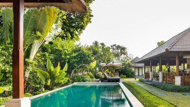 Una piscina con sillones de descanso, rodeada de exuberante vegetación y una estructura con techo de paja.