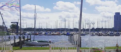 A marina with numerous sailboats docked, a flag with text, and a view of the water and sky.