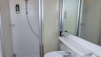 A modern bathroom with a glass-enclosed shower, a white sink, and a mirror above the sink.