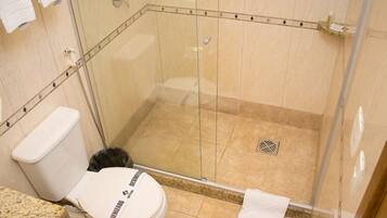 A bathroom with a toilet, a shower, and a glass-enclosed shower area.