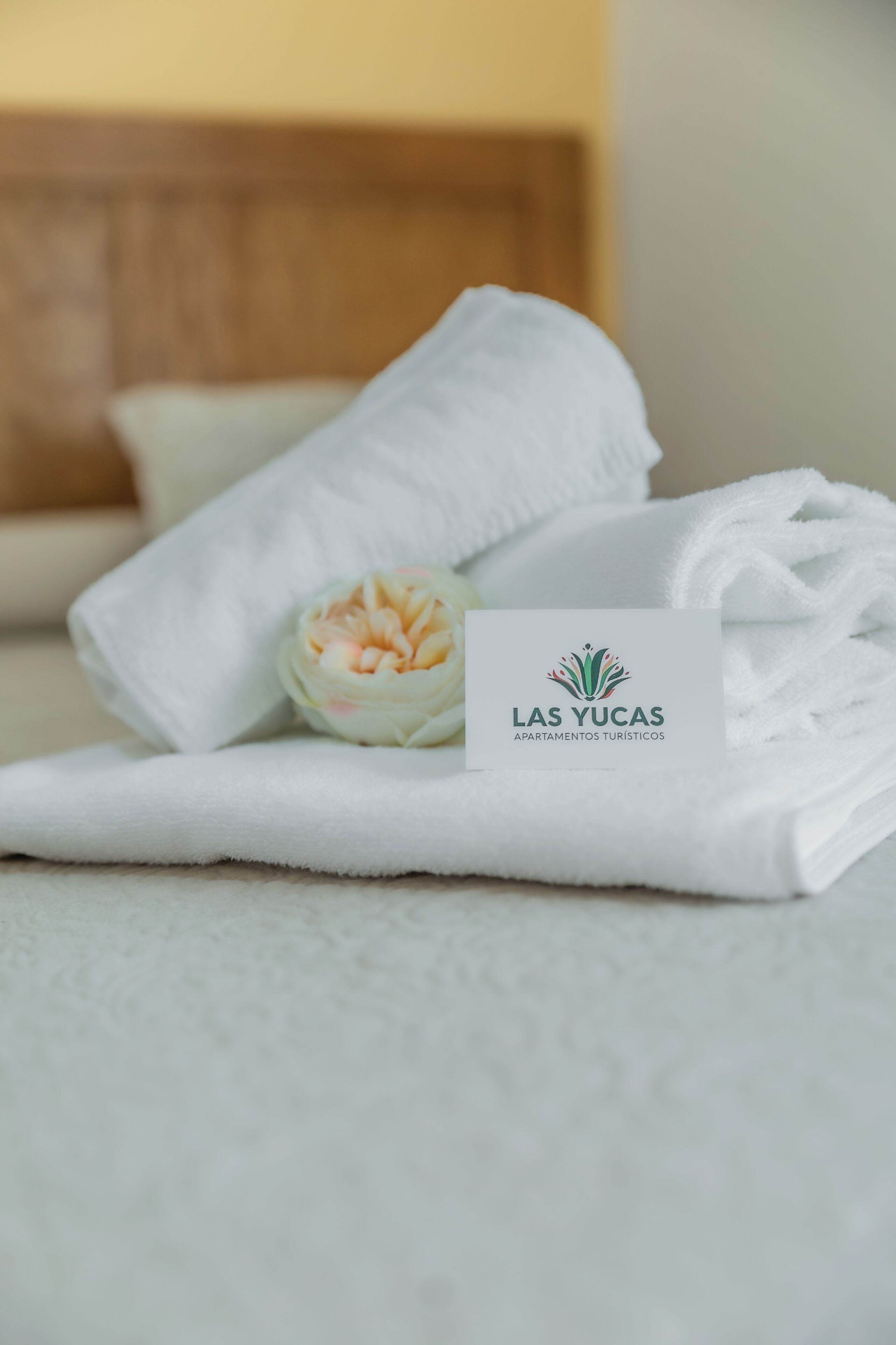A neatly folded white towel with a logo, a decorative flower, and a small card on a bed.