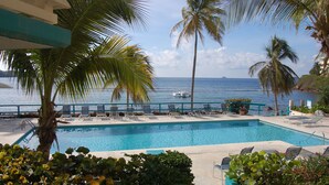 A pool with lounge chairs, palm trees, and a view of the ocean. - Our Home is Your Home in St Thomas, ~USVI~ (Charlotte Amalie)