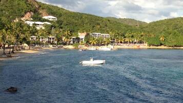 On the beach, sun-loungers, beach towels