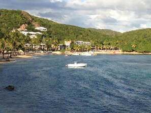 On the beach, sun-loungers, beach towels