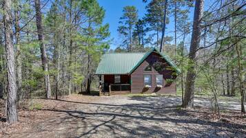 A cabin with a green roof, surrounded by tall pine trees.