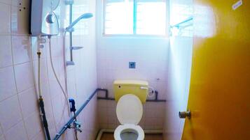 Douche, chaussons, bidet, serviettes fournies