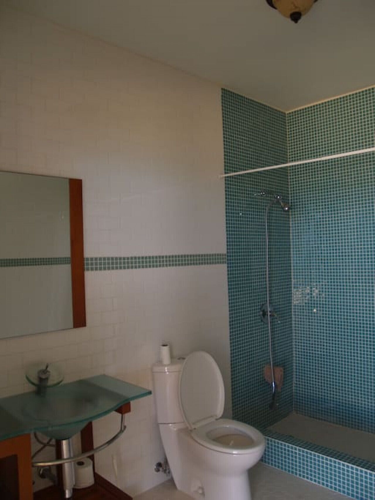 A bathroom with a toilet, sink, and shower.