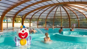 En indendørs swimmingpool med et hvælvet trætag og glaspaneler.