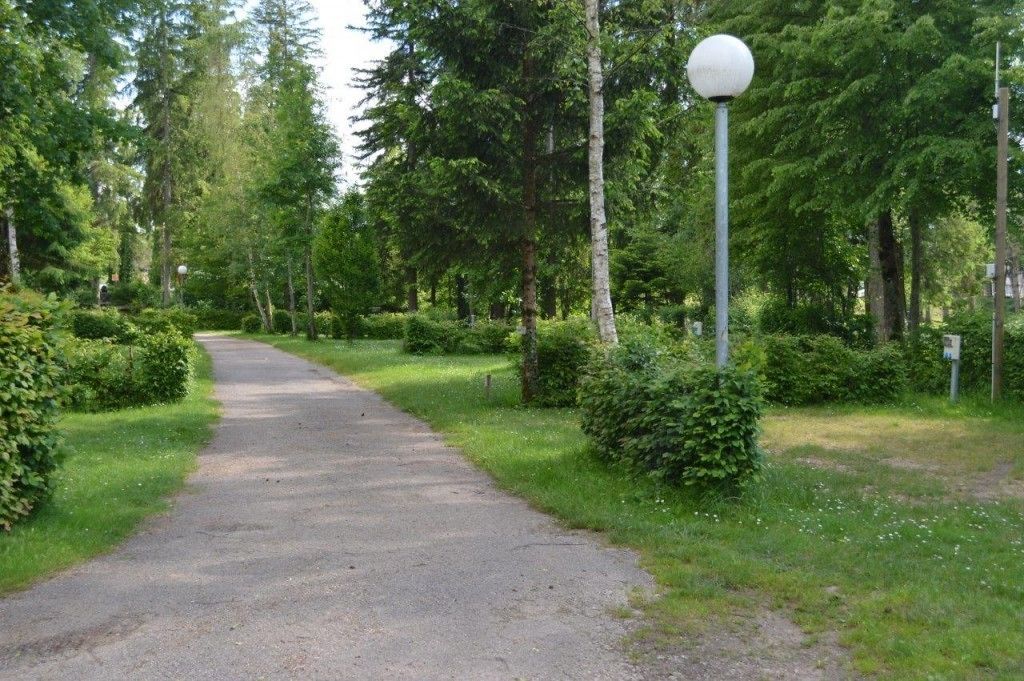 A paved path in a park with trees and a spherical light post.