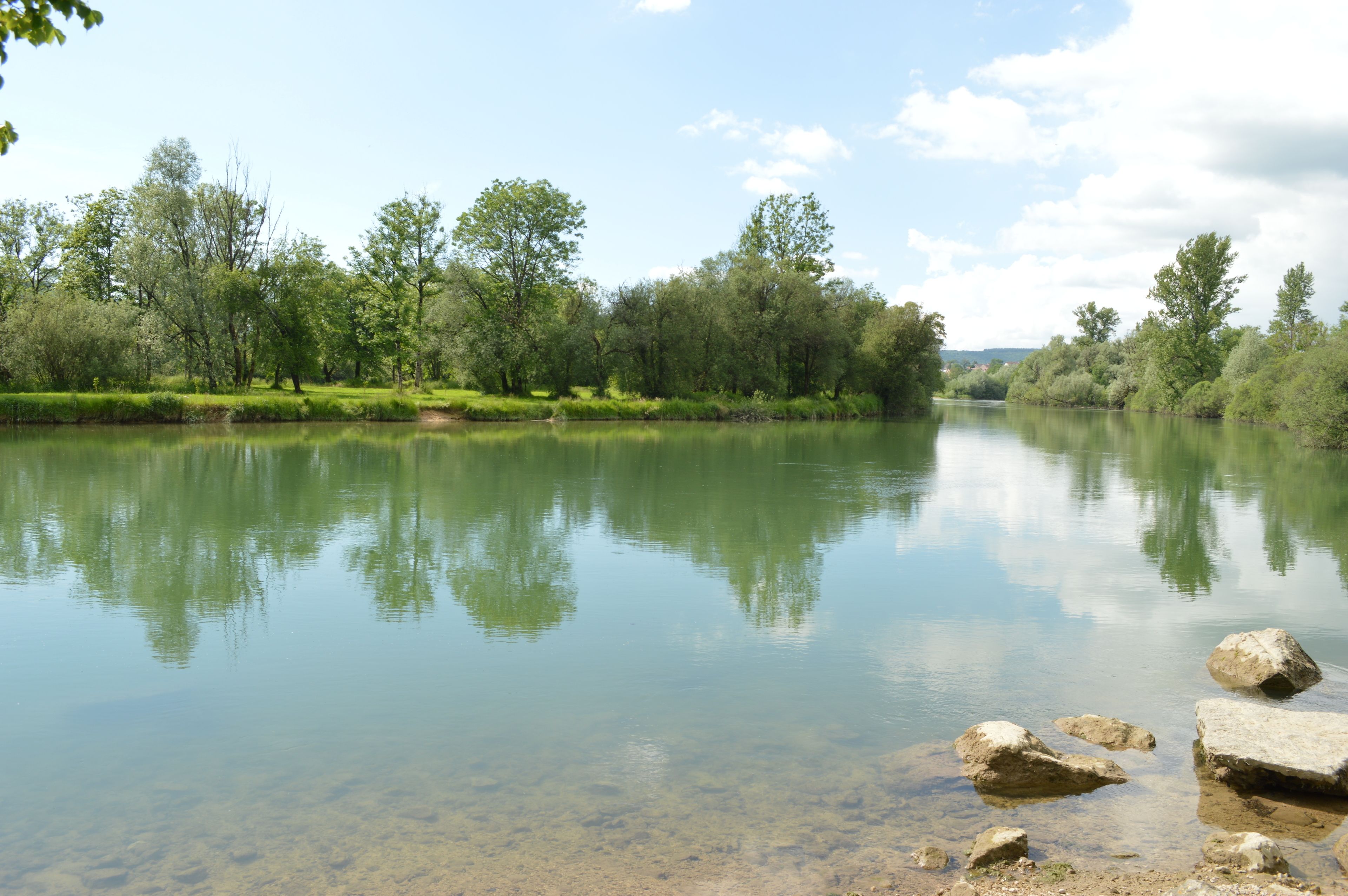 A calm river with clear water reflecting trees and sky.