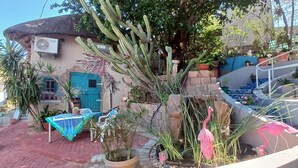 Een huis met een blauwe deur, rieten dak en diverse planten, waaronder cactussen en een flamingo-beeldje.