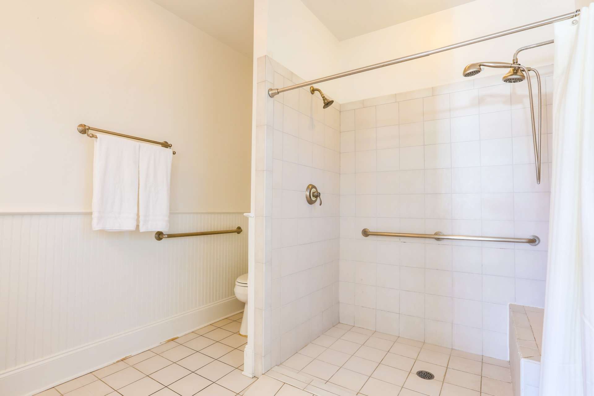 A bathroom with a shower, toilet, and towel rack.