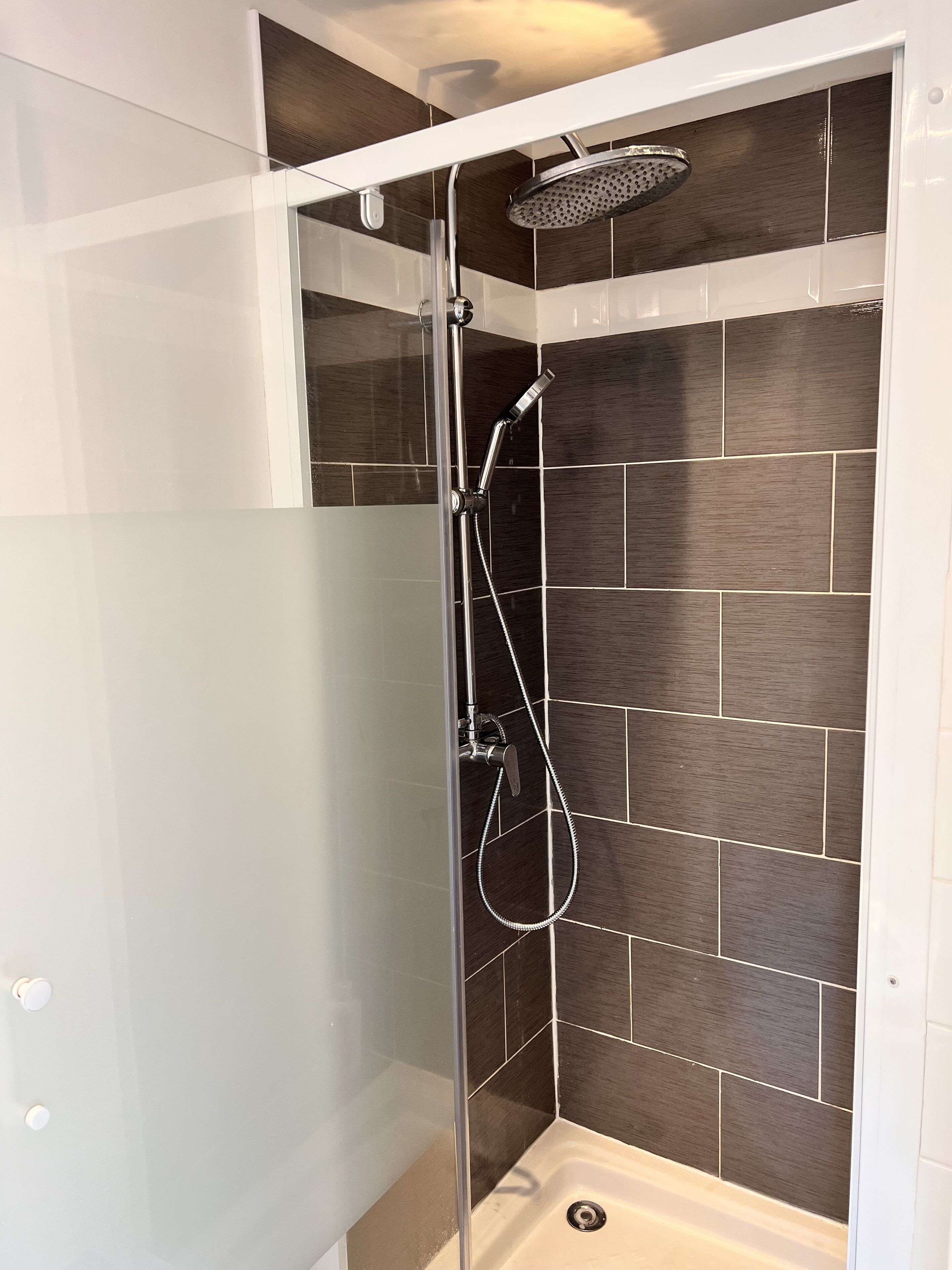 A glass-enclosed shower with a handheld showerhead and a fixed wall-mounted showerhead.