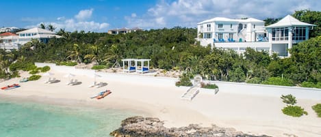 On the beach, sun-loungers, beach towels
