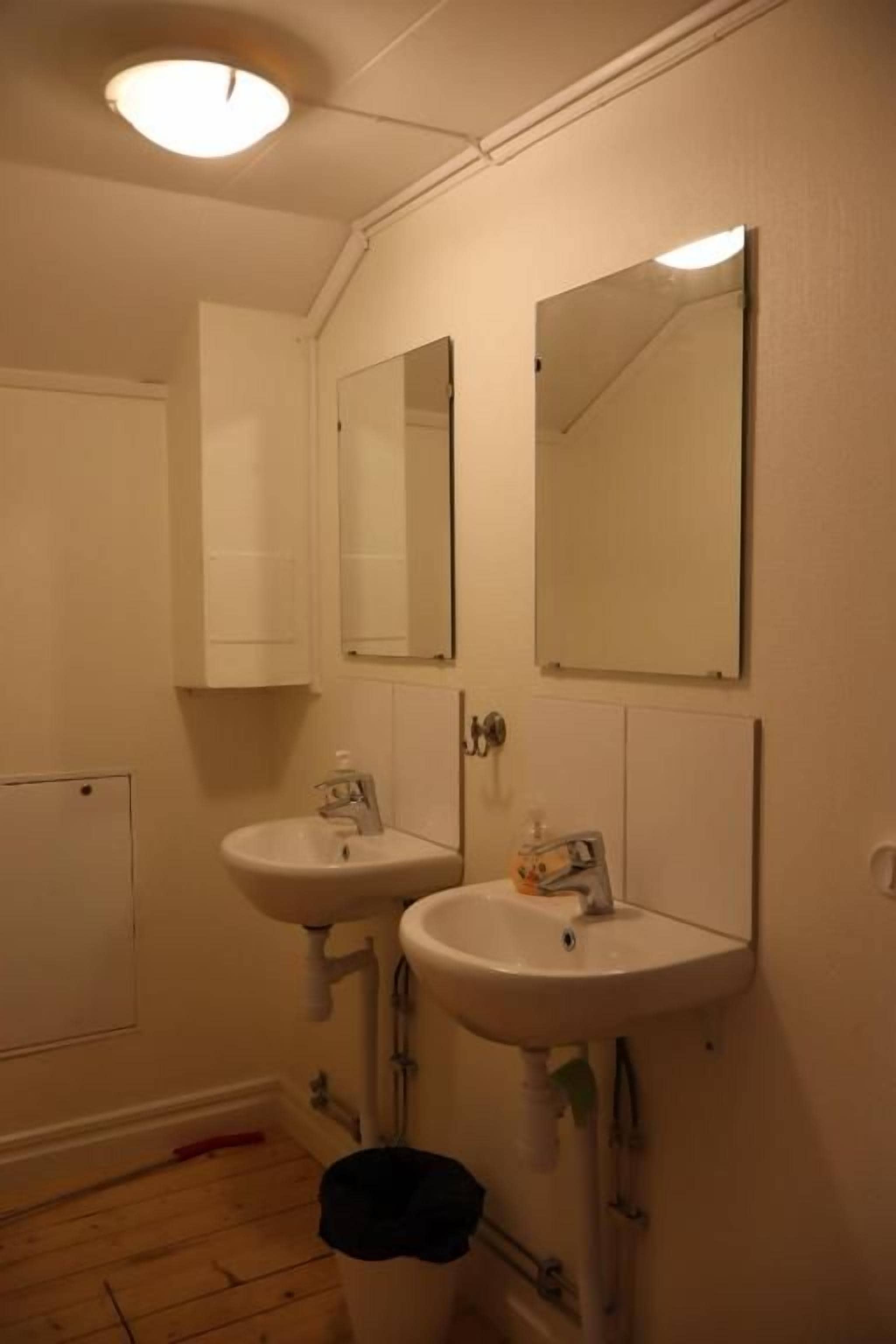 A bathroom with two sinks, a mirror, and a toilet.
