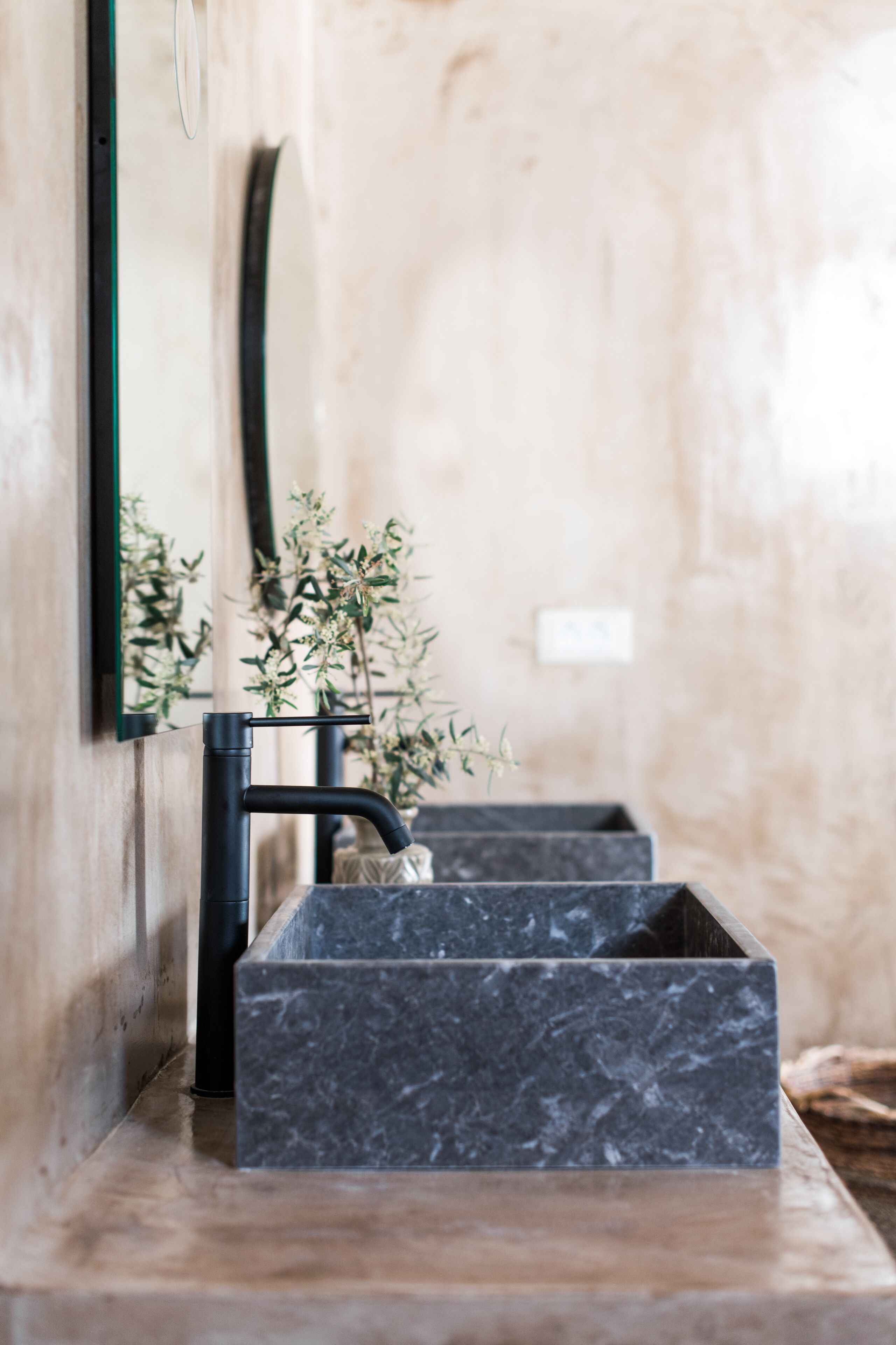 A bathroom with a black sink, a mirror, and a plant.