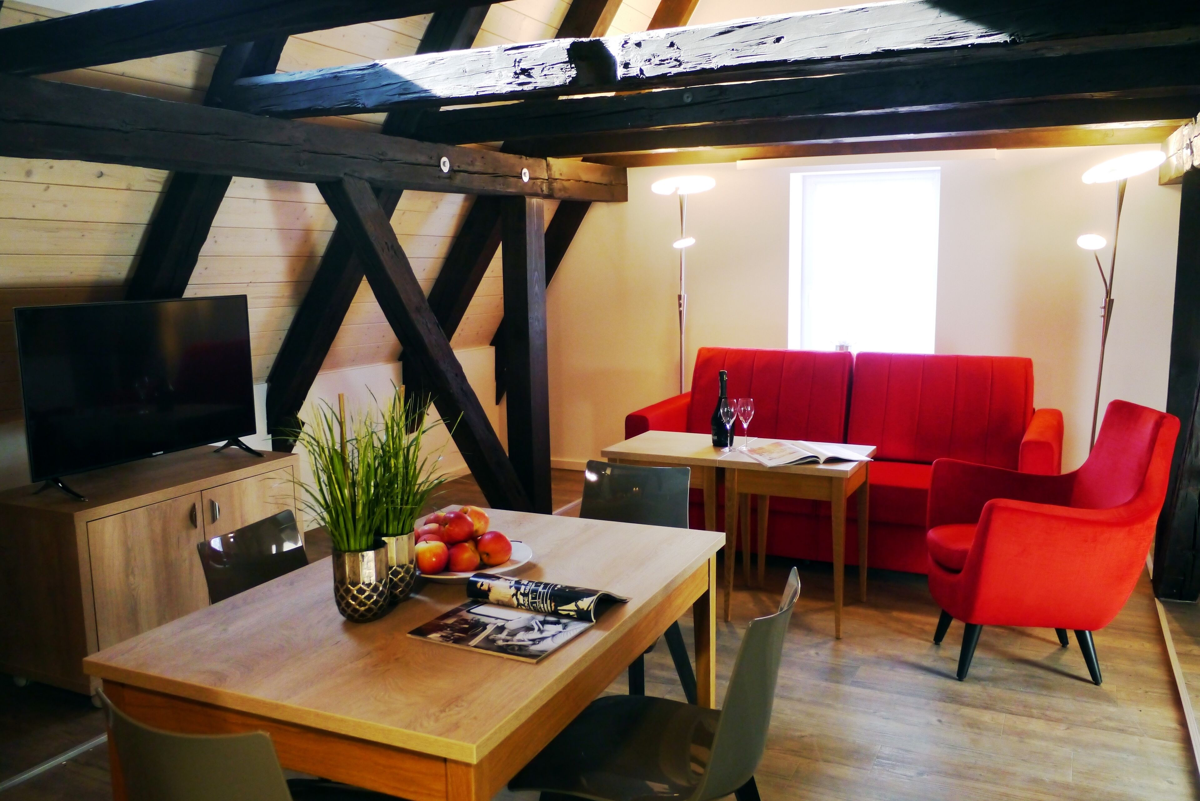 superior apartment | living area | 43-inch flat-screen tv with satellite channels, tv, heated floors