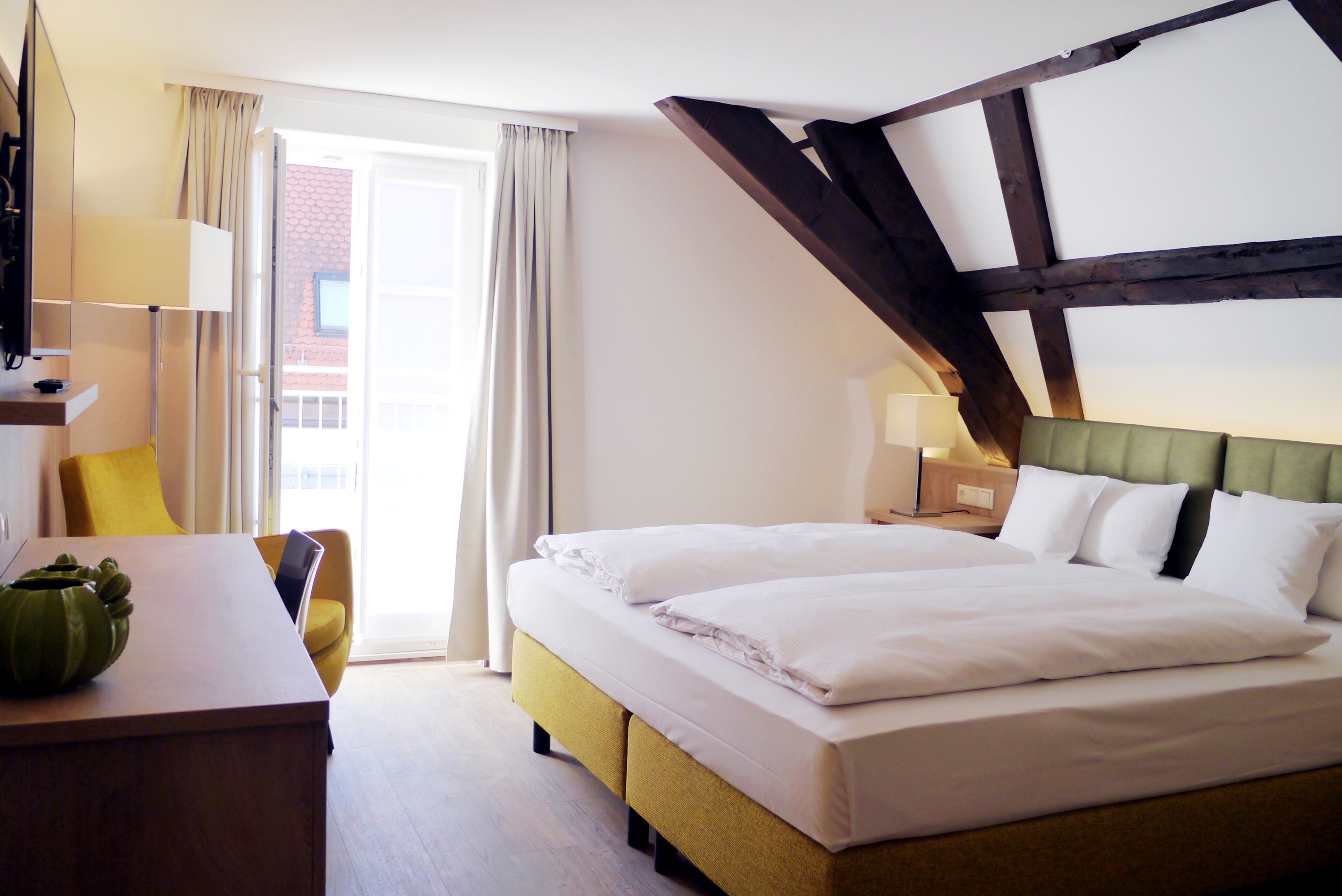 double room, balcony | in-room safe, individually decorated, desk, laptop workspace