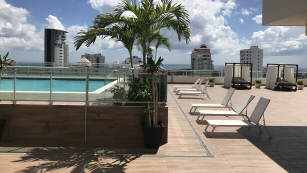 Un área de piscina en la azotea con sillones, una palmera y vistas del horizonte de la ciudad.