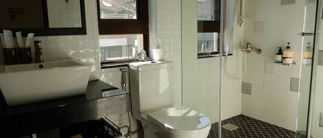 A modern bathroom with a large white sink, a toilet, and a glass-enclosed shower area.