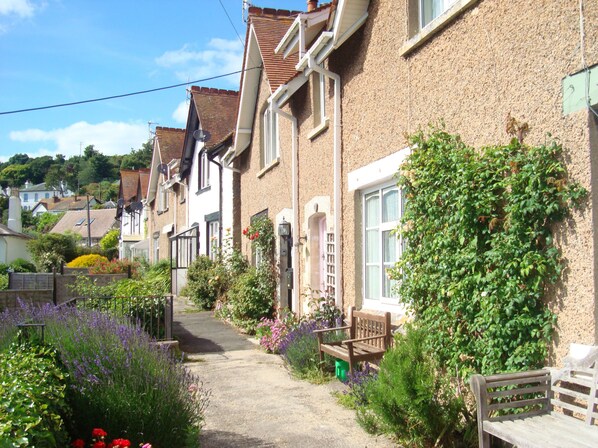 A narrow residential street with houses on both sides, a bench, and a variety of flowering plants. - Ideal for families, quiet spot, 4 min walk to beach, village, pubs, restaurants. (Beer)