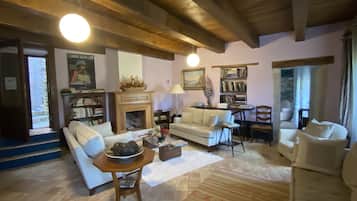 Smart TV, fireplace, books
