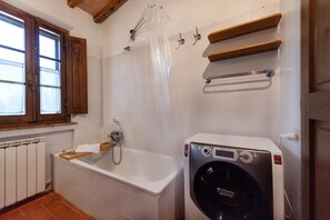 Hair dryer, towels, soap, toilet paper