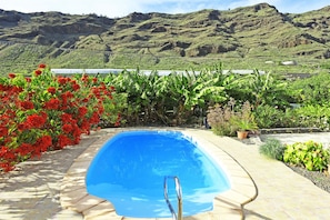 A swimming pool with a view of mountains and a body of water in the background.