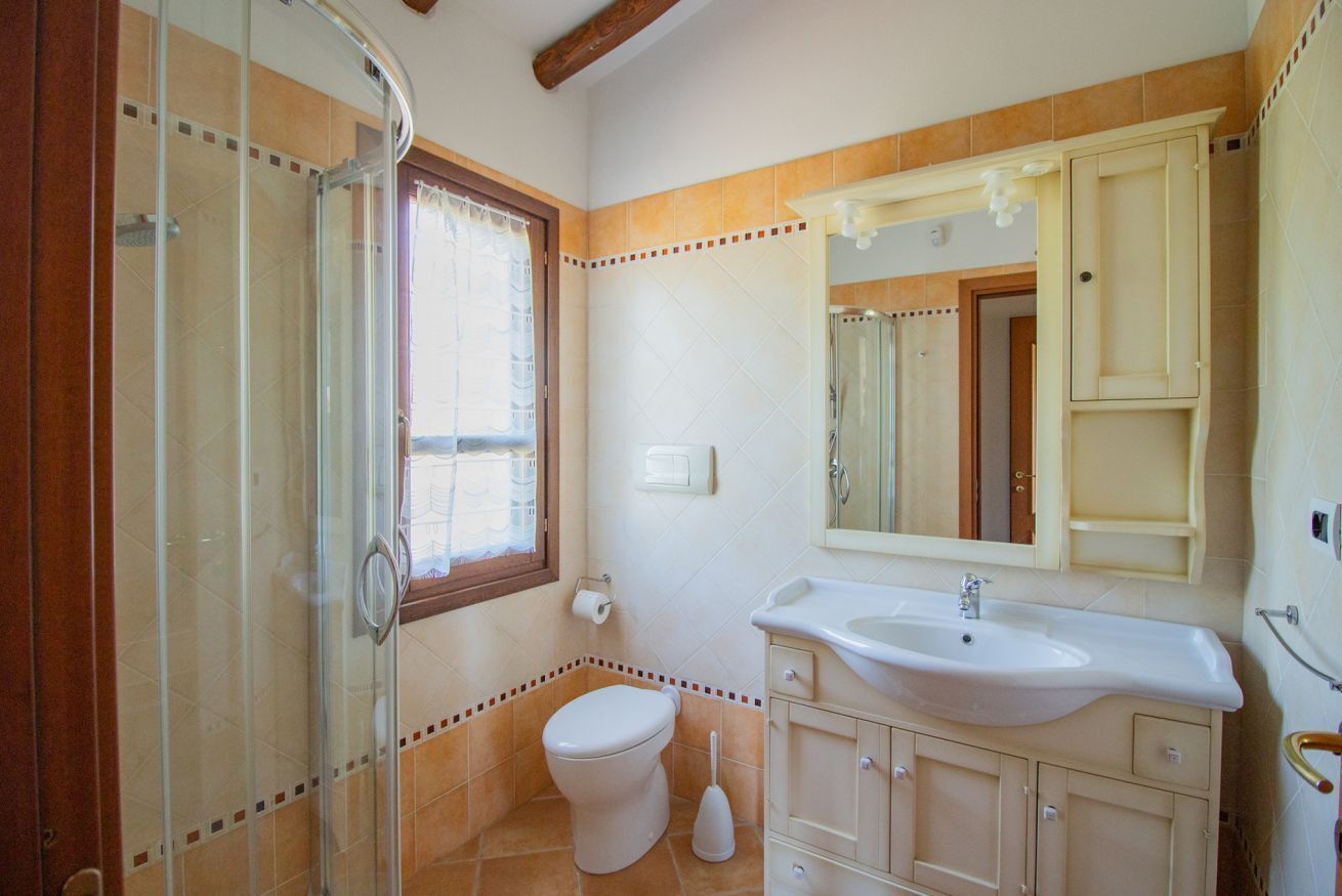 A bathroom with a glass shower enclosure, a toilet, a sink, and a mirror above the sink.