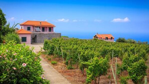 A pink villa with a red roof, surrounded by vineyards and a clear blue sky. - A Casa do Lagar In a peaceful and solitary area with a pleasant climate all year (São Jorge)
