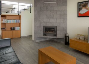 Smart TV, chimenea, reproductor de DVD y libros 