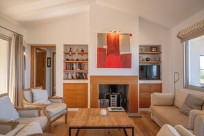 Smart TV, fireplace, DVD player, books