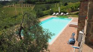 A swimming pool with a view of vineyards and hills in the background. - Martina, apartment with terrace on the green hills of San Giminiano (San Gimignano)