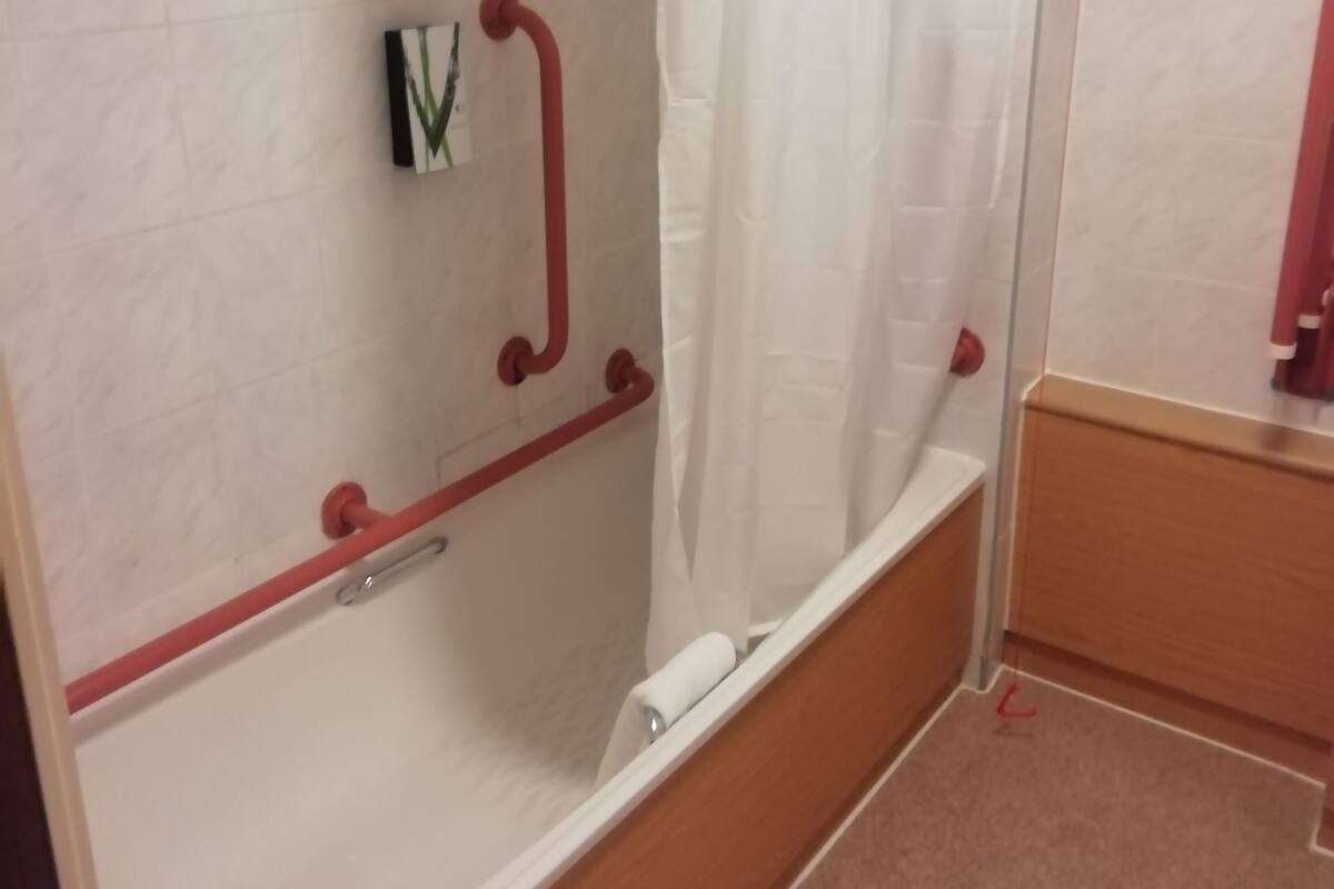 A bathroom with a shower, a handrail, a towel rack, and a toilet.