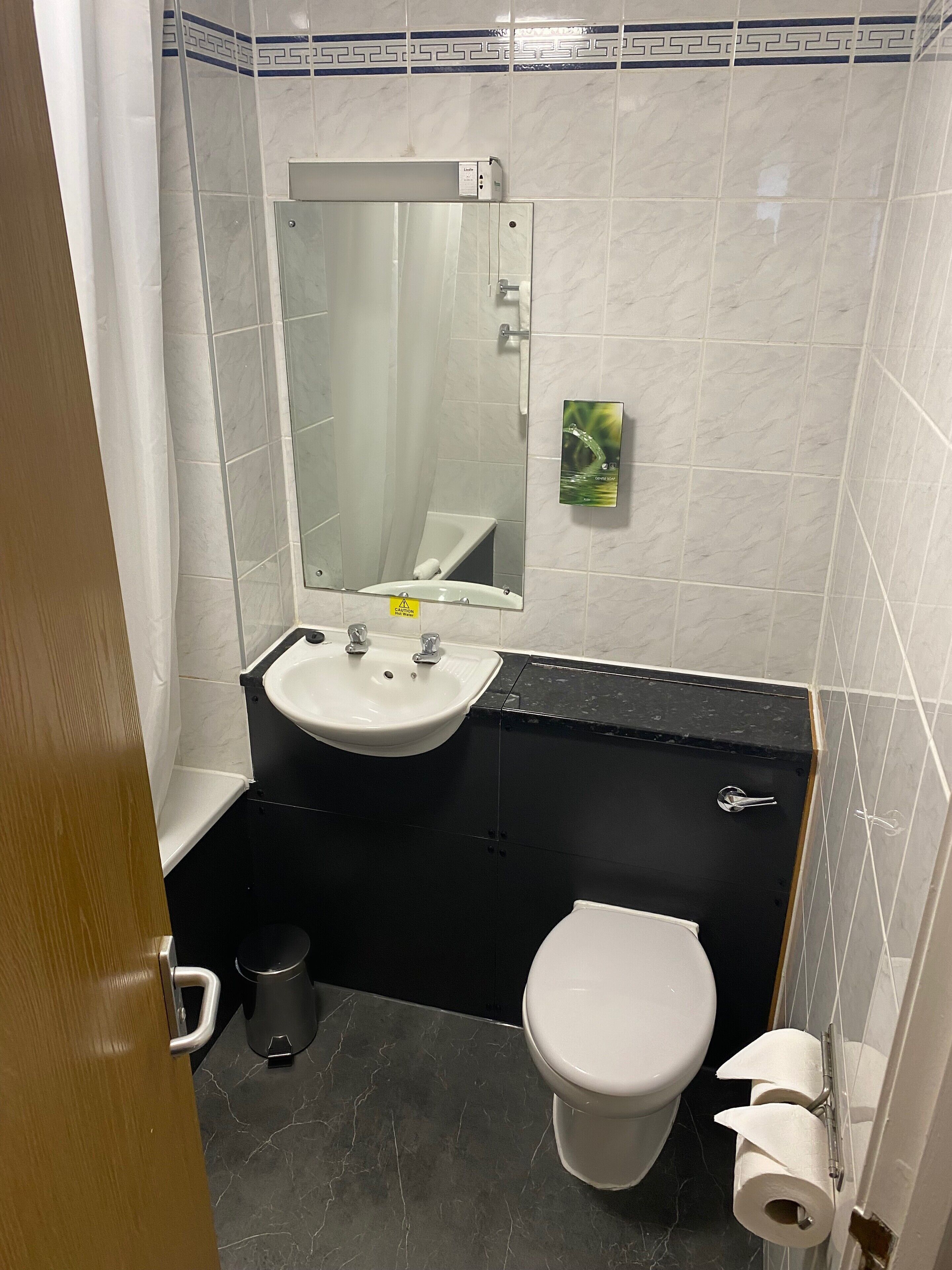 combined shower/bathtub, free toiletries, hair dryer, towels