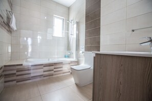 Ensemble douche/baignoire, sèche-cheveux, serviettes fournies, savon