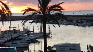 Un port de plaisance avec des bateaux amarrés, un palmier et un panneau indiquant les services d’entretien des jardins et des piscines.