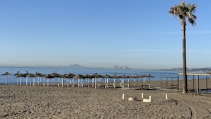 Une plage avec des parasols en chaume et un palmier.