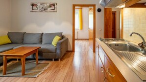 Un espace de vie compact comprenant un canapé, une table basse en bois, un coin cuisine avec un évier et une cuisinière, et un tableau accroché au mur.