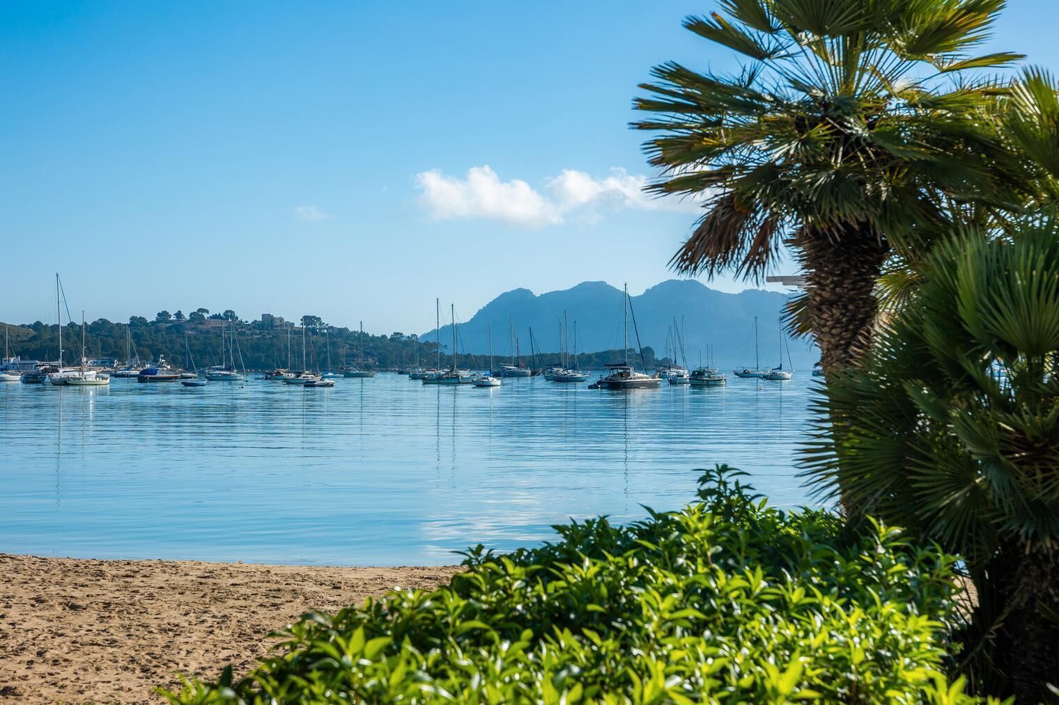Ein Yachthafen mit Booten, ein Strand und eine Bergkulisse im Hintergrund.