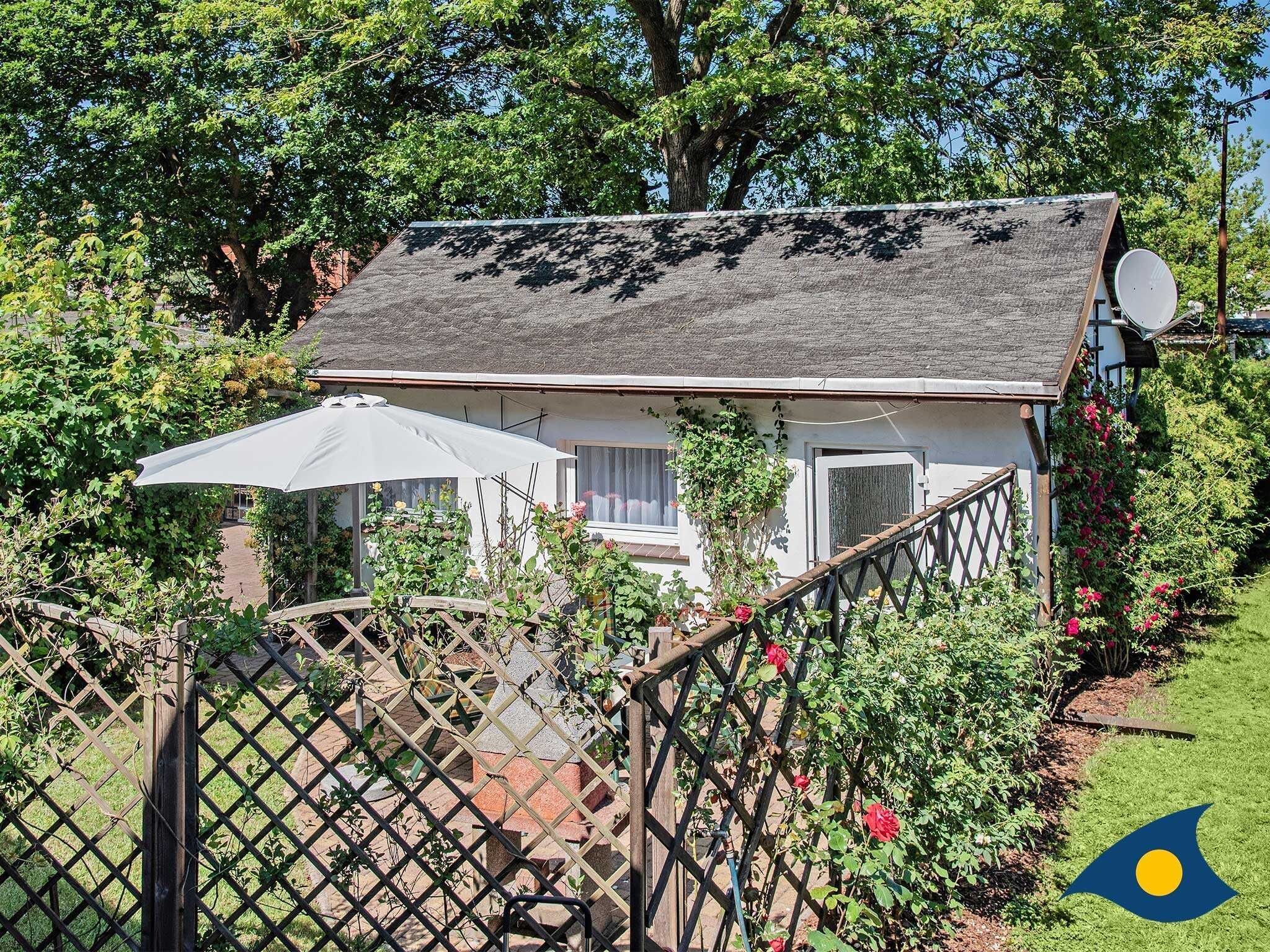 A house with a satellite dish, a white umbrella, and a garden with roses.