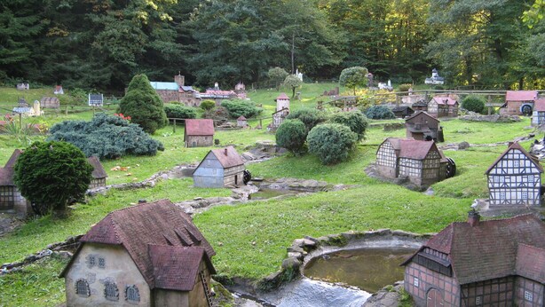 A model village with miniature houses, a small stream, and surrounding greenery. - Cozy holiday apartment, surrounded by wood and grassland, chimney, pets allowed (Niedersachsen)